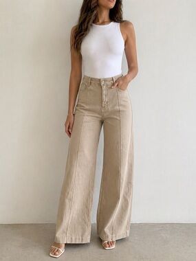 ZARA Beige Wide Leg High Rise Pants Minimal Chic Neutral Trousers size 8
